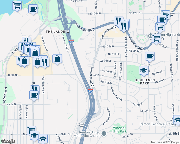 map of restaurants, bars, coffee shops, grocery stores, and more near 700 Sunset Boulevard Northeast in Renton