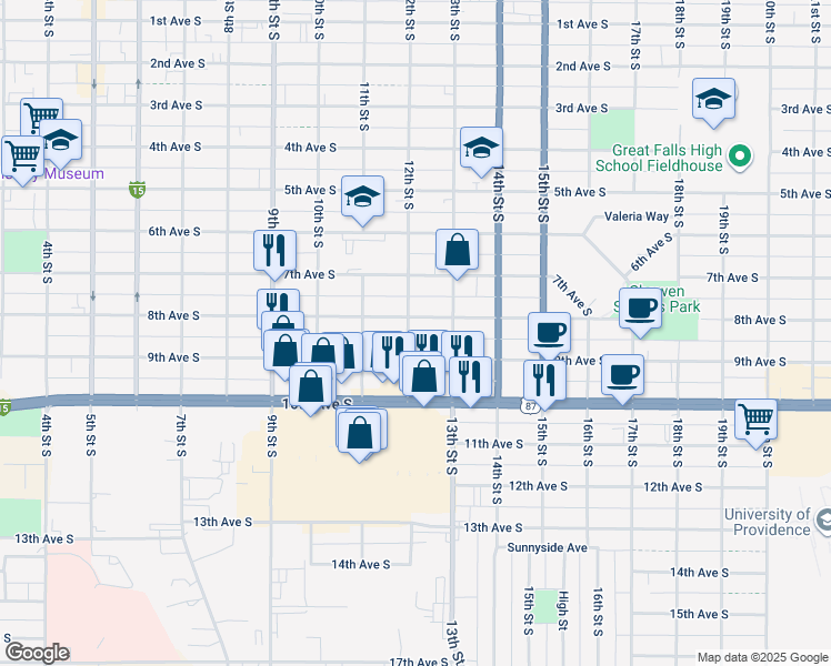 map of restaurants, bars, coffee shops, grocery stores, and more near 809 12th Street South in Great Falls