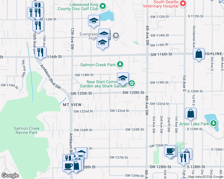 map of restaurants, bars, coffee shops, grocery stores, and more near 11936 8th Avenue Southwest in Seattle