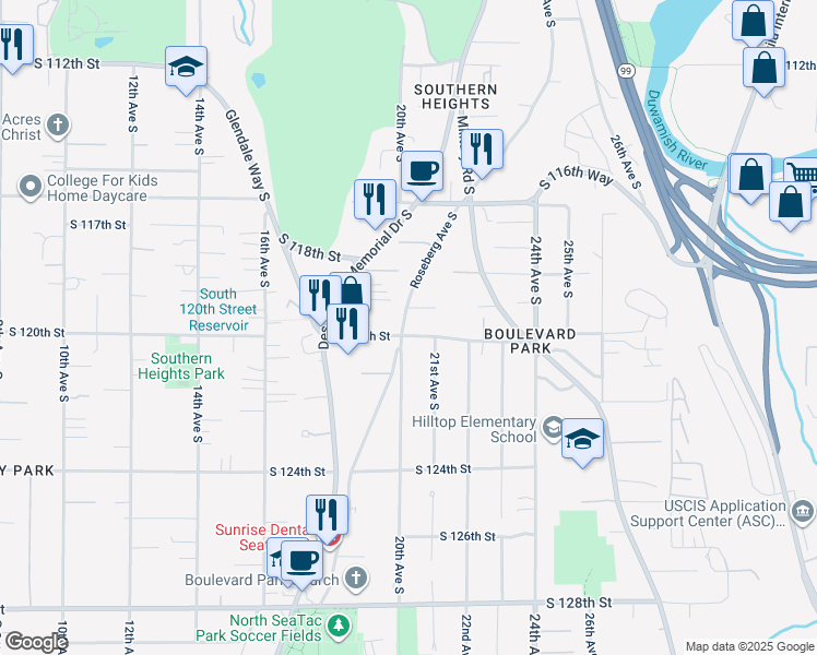map of restaurants, bars, coffee shops, grocery stores, and more near 2002 South 120th Street in Seattle