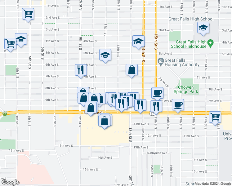 map of restaurants, bars, coffee shops, grocery stores, and more near 804 12th Street South in Great Falls