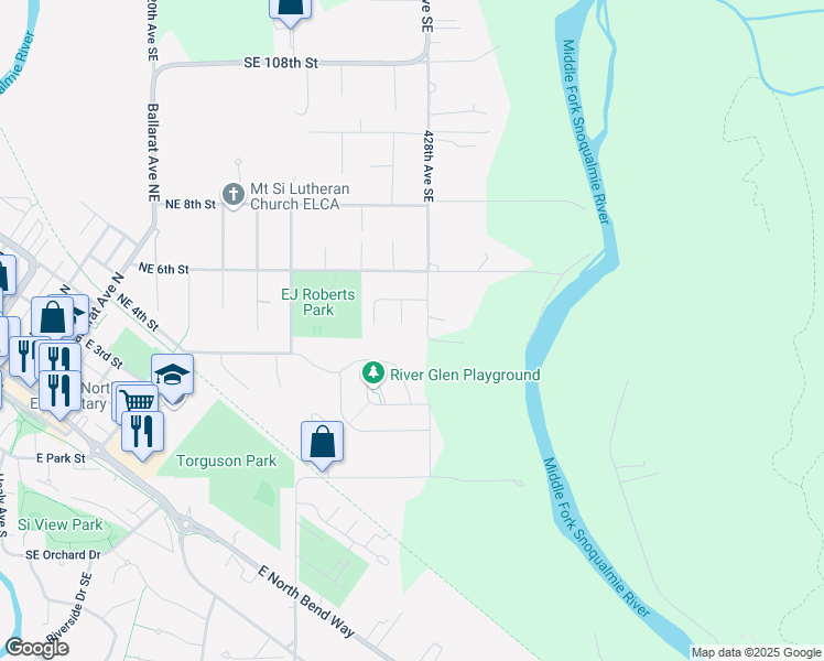 map of restaurants, bars, coffee shops, grocery stores, and more near 408 Boxley Place Northeast in North Bend