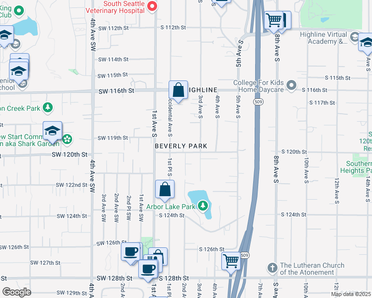 map of restaurants, bars, coffee shops, grocery stores, and more near 200 South 120th Street in Seattle