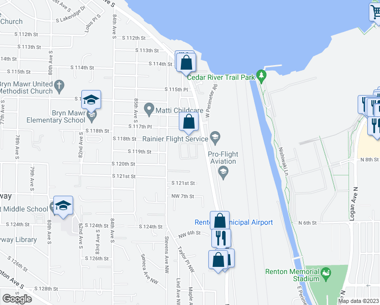 map of restaurants, bars, coffee shops, grocery stores, and more near 801 Rainier Avenue North in Renton