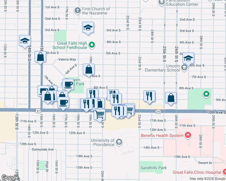 map of restaurants, bars, coffee shops, grocery stores, and more near 2026 8th Avenue South in Great Falls