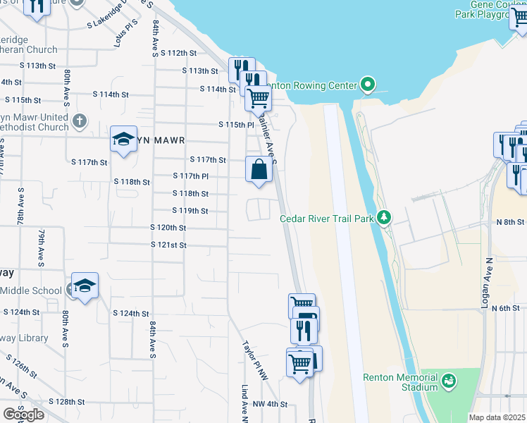 map of restaurants, bars, coffee shops, grocery stores, and more near 801 Rainier Avenue North in Renton