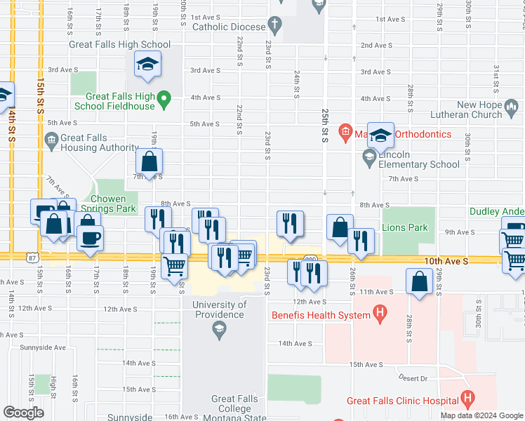 map of restaurants, bars, coffee shops, grocery stores, and more near 2224 8th Avenue South in Great Falls