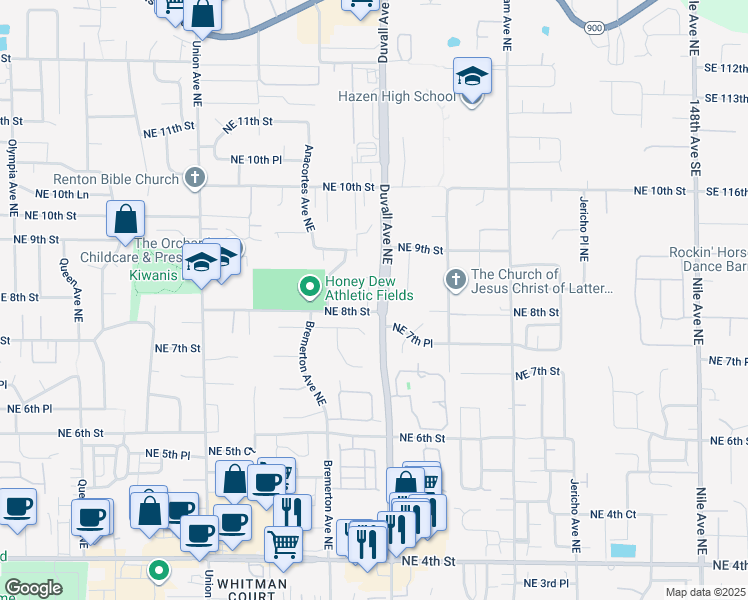 map of restaurants, bars, coffee shops, grocery stores, and more near 806 Chelan Place Northeast in Renton