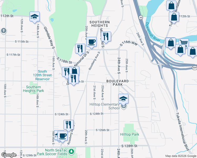 map of restaurants, bars, coffee shops, grocery stores, and more near 2120 South 120th Street in Seattle