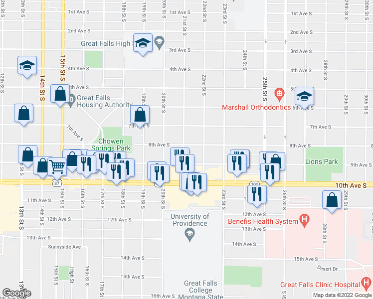 map of restaurants, bars, coffee shops, grocery stores, and more near 2100 8th Avenue South in Great Falls