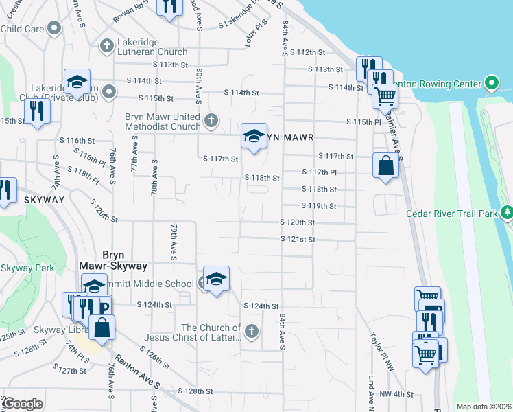 map of restaurants, bars, coffee shops, grocery stores, and more near 8218 83rd Avenue South in Seattle