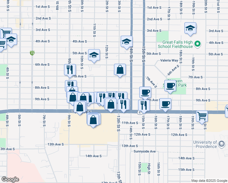 map of restaurants, bars, coffee shops, grocery stores, and more near 809 12th Street South in Great Falls