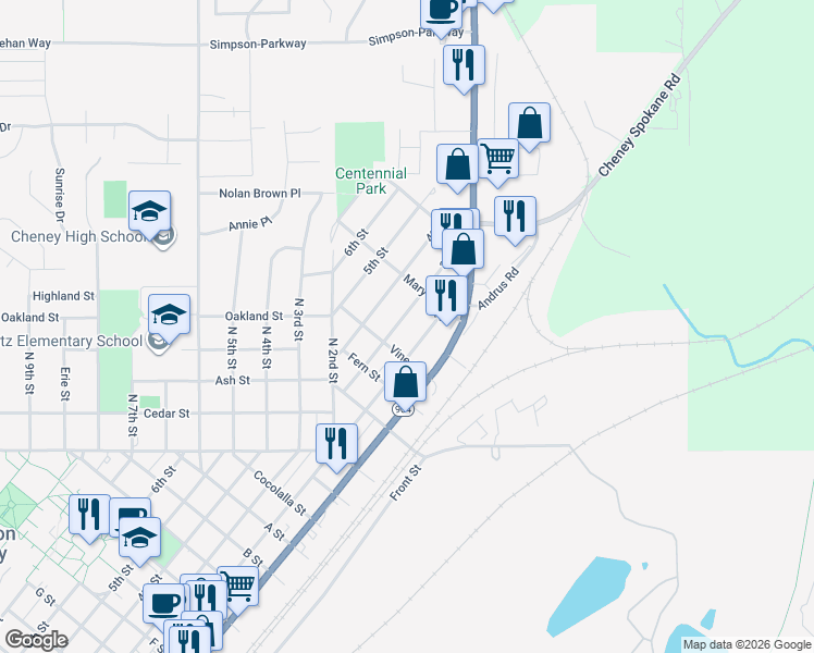 map of restaurants, bars, coffee shops, grocery stores, and more near 1518 2nd Street in Cheney