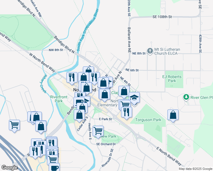 map of restaurants, bars, coffee shops, grocery stores, and more near 145 East 3rd Street in North Bend
