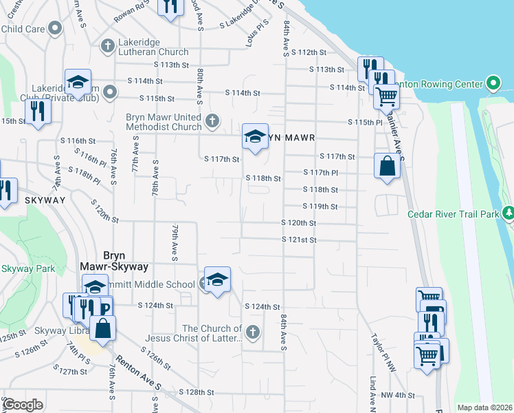 map of restaurants, bars, coffee shops, grocery stores, and more near 8218 83rd Avenue South in Seattle