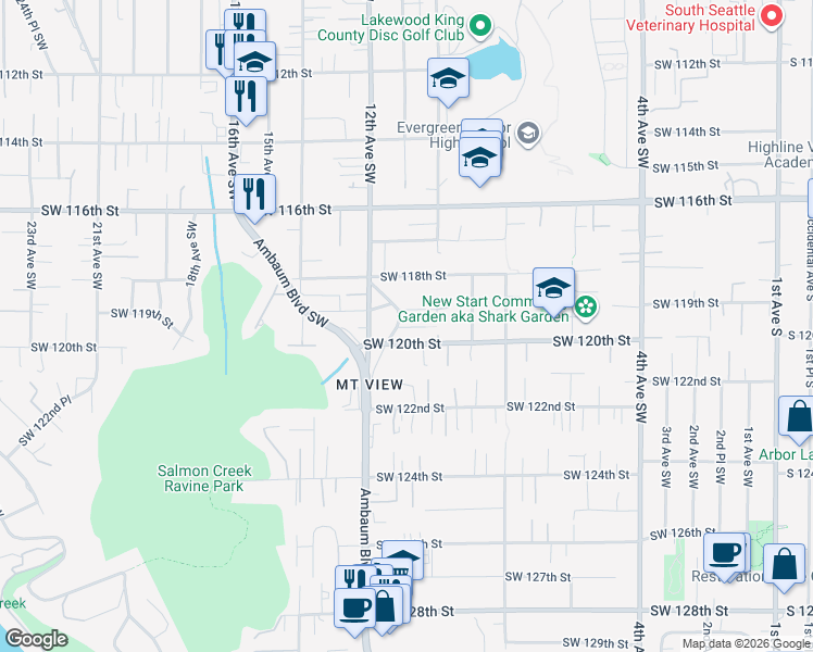 map of restaurants, bars, coffee shops, grocery stores, and more near 11915 11th Place Southwest in Seattle