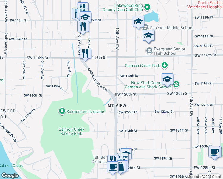map of restaurants, bars, coffee shops, grocery stores, and more near 11926 Ambaum Boulevard Southwest in Burien