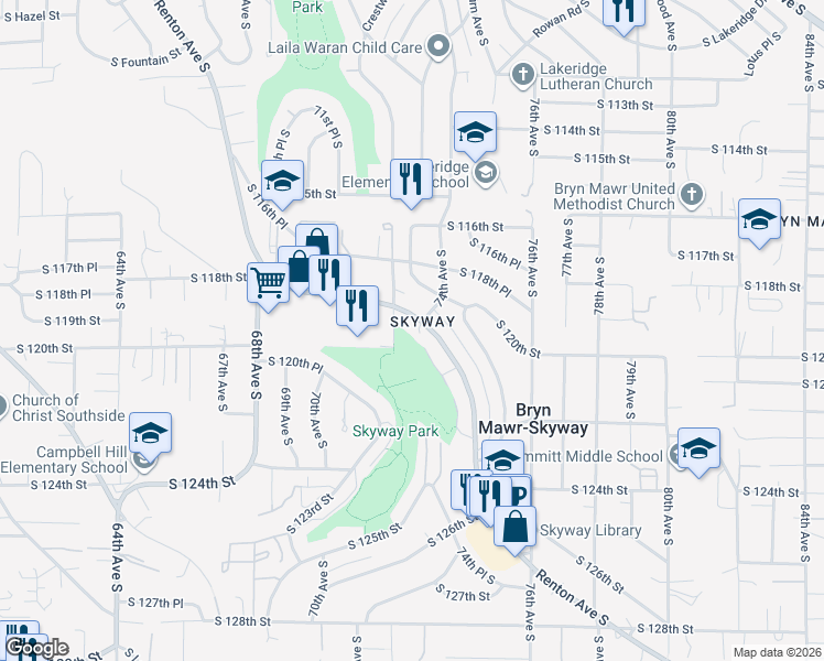map of restaurants, bars, coffee shops, grocery stores, and more near 11921 Renton Avenue South in Seattle
