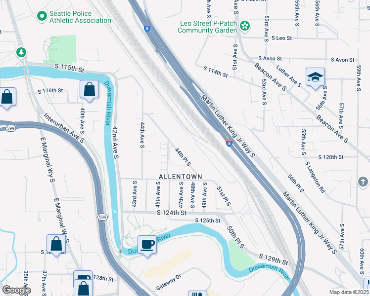 map of restaurants, bars, coffee shops, grocery stores, and more near 12034 44th Place South in Tukwila