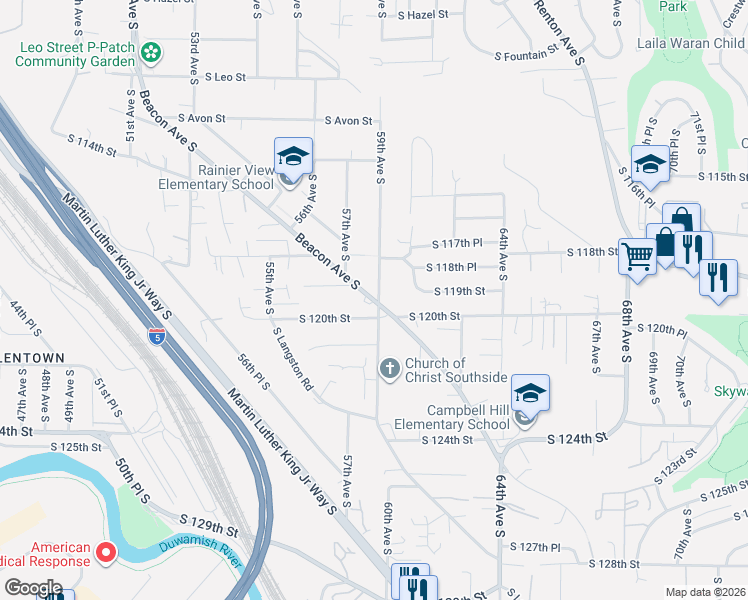 map of restaurants, bars, coffee shops, grocery stores, and more near 11831 59th Avenue South in Seattle