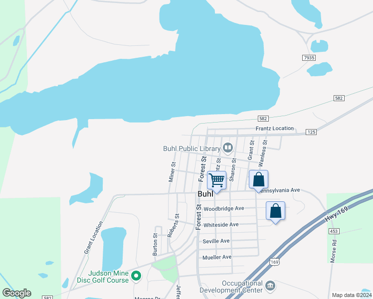 map of restaurants, bars, coffee shops, grocery stores, and more near 121 State Street in Buhl