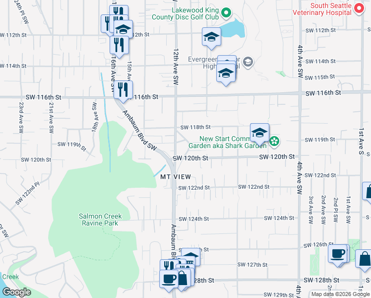 map of restaurants, bars, coffee shops, grocery stores, and more near 11915 11th Place Southwest in Seattle