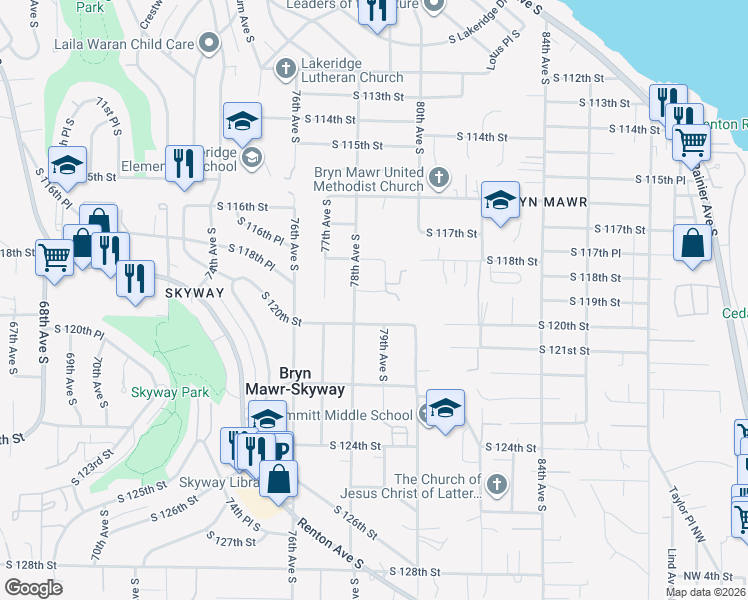 map of restaurants, bars, coffee shops, grocery stores, and more near 11830 78th Avenue South in Seattle