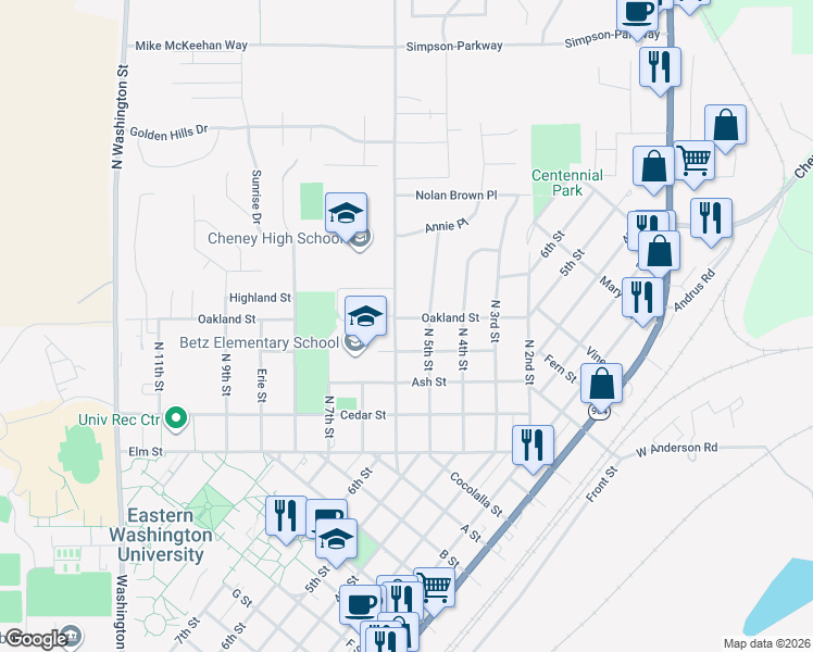 map of restaurants, bars, coffee shops, grocery stores, and more near 314 North 5th Street in Cheney