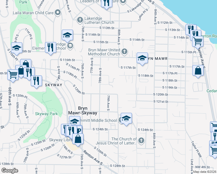 map of restaurants, bars, coffee shops, grocery stores, and more near 11830 78th Avenue South in Seattle