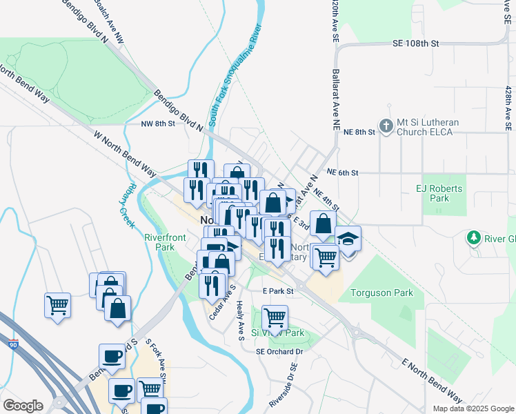 map of restaurants, bars, coffee shops, grocery stores, and more near in North Bend