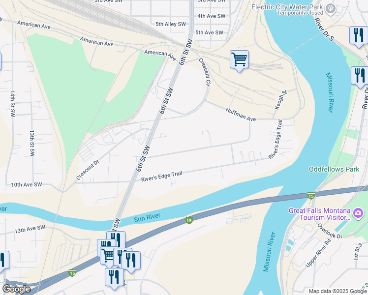 map of restaurants, bars, coffee shops, grocery stores, and more near 615 9th Avenue Southwest in Great Falls