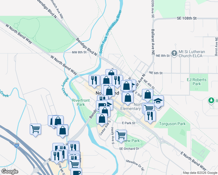 map of restaurants, bars, coffee shops, grocery stores, and more near in North Bend