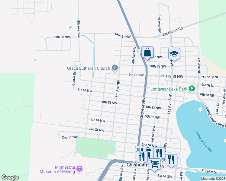 map of restaurants, bars, coffee shops, grocery stores, and more near 515 7th Street Northwest in Chisholm
