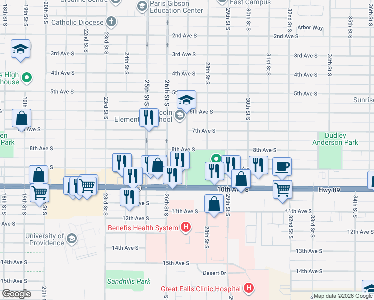 map of restaurants, bars, coffee shops, grocery stores, and more near 800 27th Street South in Great Falls