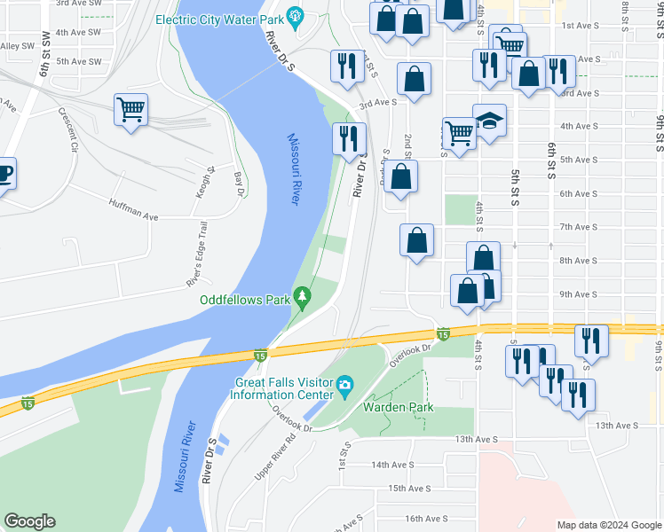 map of restaurants, bars, coffee shops, grocery stores, and more near 800 River Drive South in Great Falls