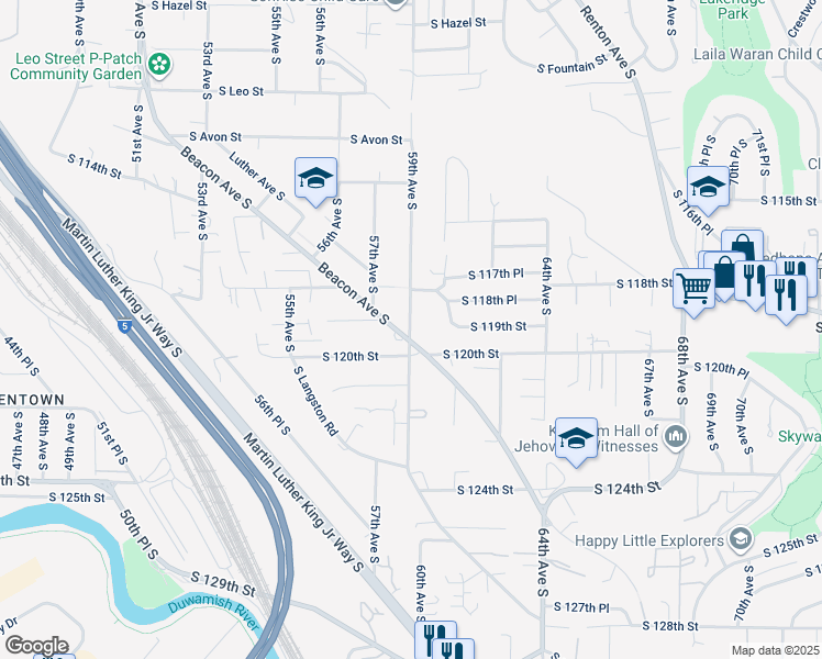 map of restaurants, bars, coffee shops, grocery stores, and more near 5932 South 120th Street in Seattle
