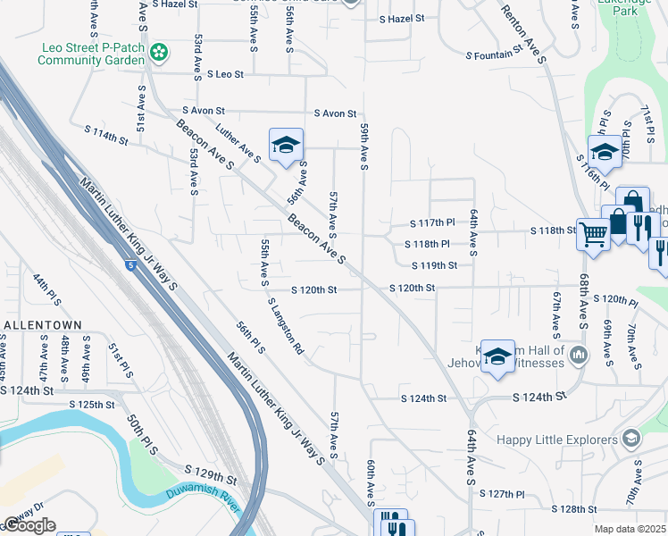 map of restaurants, bars, coffee shops, grocery stores, and more near 5586 South Juniper Street in Seattle
