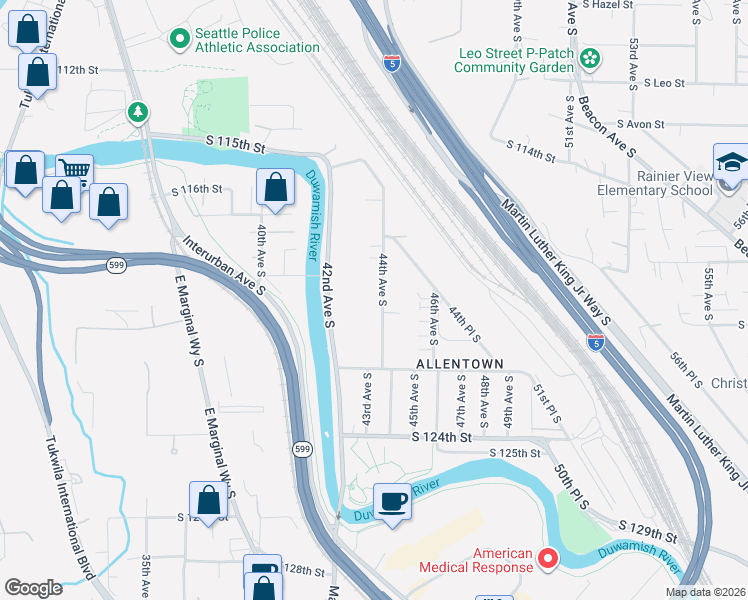 map of restaurants, bars, coffee shops, grocery stores, and more near 11867 44th Avenue South in Tukwila