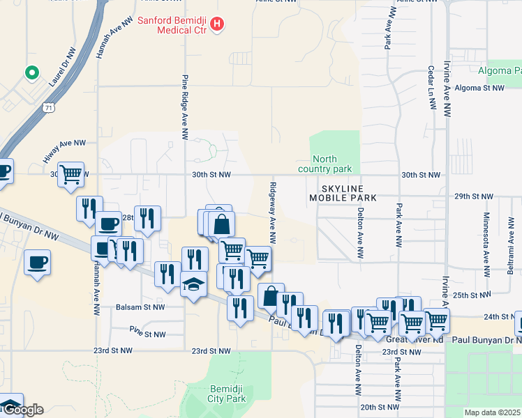 map of restaurants, bars, coffee shops, grocery stores, and more near 2813 Ridgeway Avenue Northwest in Bemidji