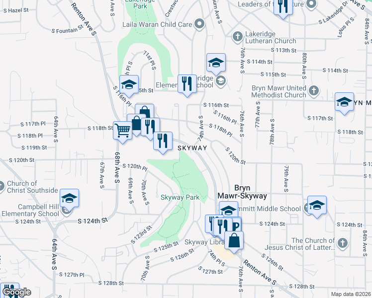 map of restaurants, bars, coffee shops, grocery stores, and more near 11919 Renton Avenue South in Seattle