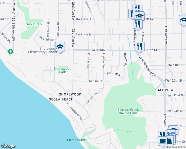 map of restaurants, bars, coffee shops, grocery stores, and more near 11906 23rd Avenue Southwest in Burien