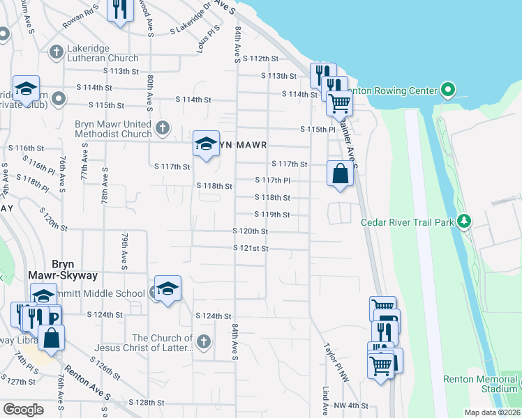 map of restaurants, bars, coffee shops, grocery stores, and more near 11815 85th Avenue South in Seattle