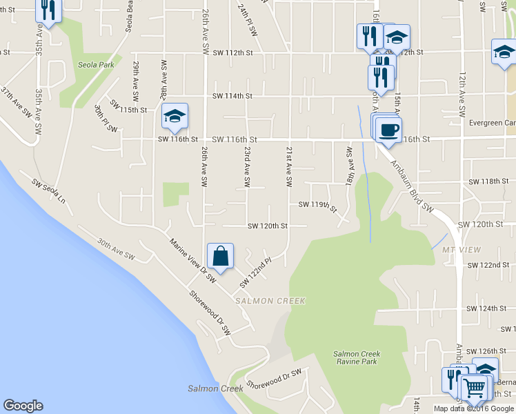 map of restaurants, bars, coffee shops, grocery stores, and more near 11906 23rd Avenue Southwest in Burien