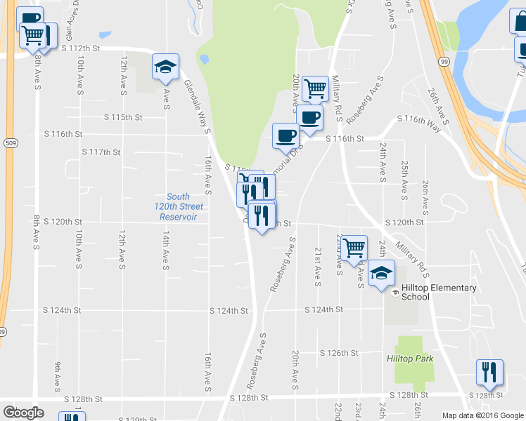 map of restaurants, bars, coffee shops, grocery stores, and more near 11850 Des Moines Memorial Drive in Seattle