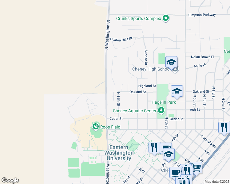 map of restaurants, bars, coffee shops, grocery stores, and more near 1122 Oakland Street in Cheney