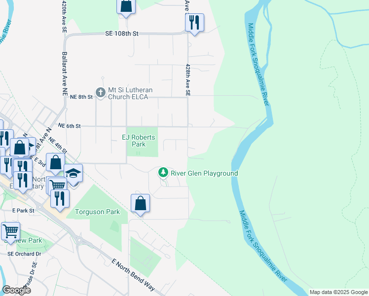 map of restaurants, bars, coffee shops, grocery stores, and more near 408 Boxley Place Northeast in North Bend