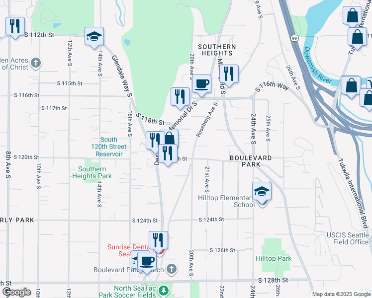 map of restaurants, bars, coffee shops, grocery stores, and more near 11915 Roseberg Avenue South in Seattle