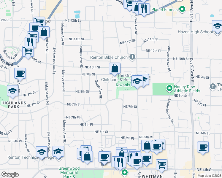 map of restaurants, bars, coffee shops, grocery stores, and more near 771 Redmond Avenue Northeast in Renton