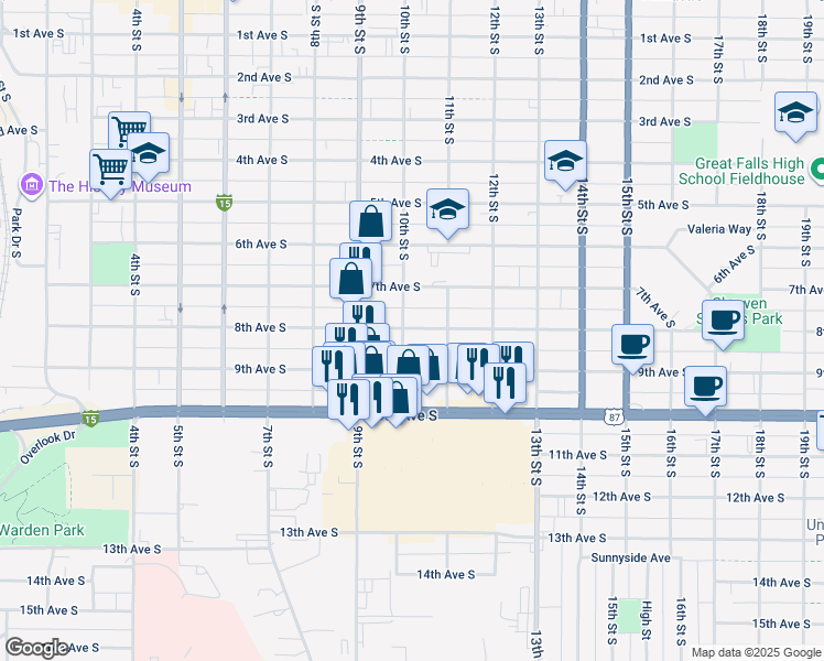 map of restaurants, bars, coffee shops, grocery stores, and more near 1012 8th Ave S in Great Falls