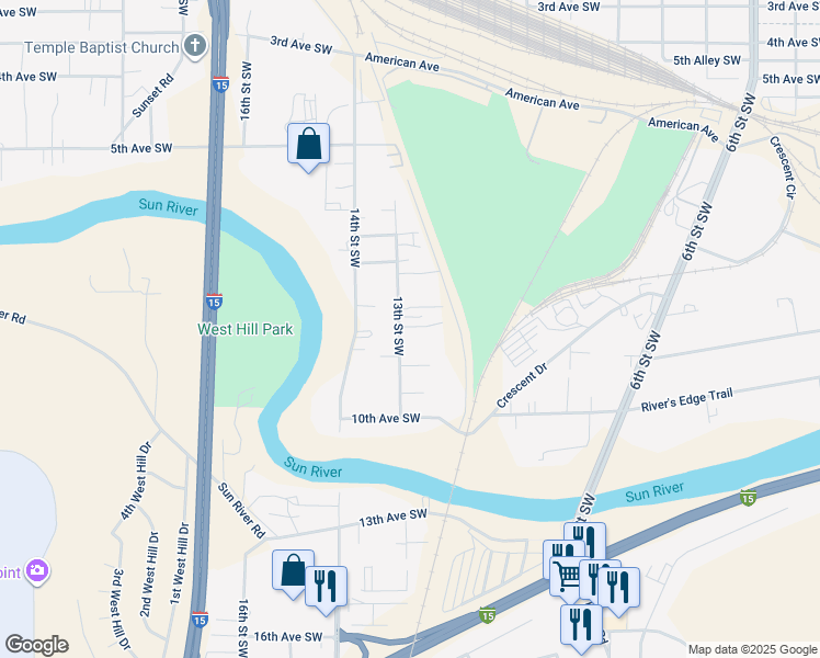map of restaurants, bars, coffee shops, grocery stores, and more near 912 13th Street Southwest in Great Falls